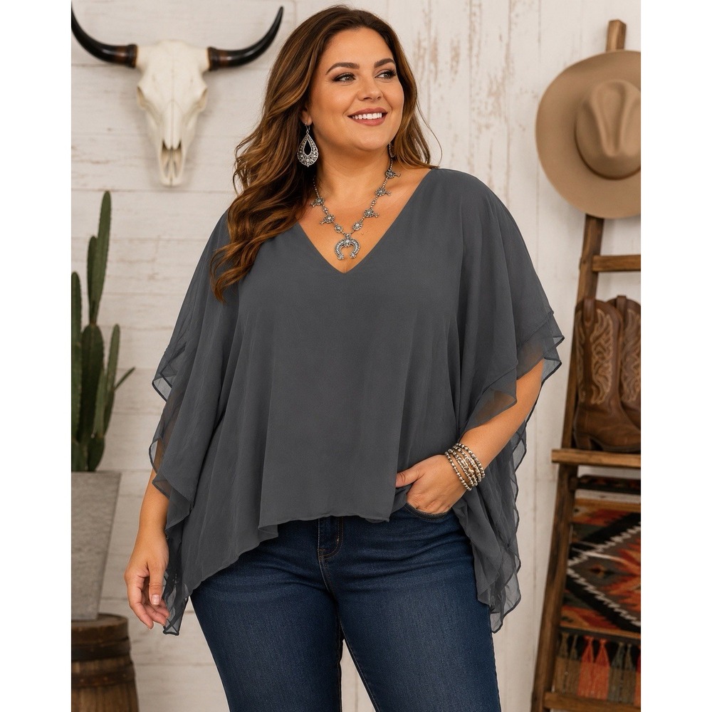 Ariat Women's XXL Olive Green Poncho Blouse V-Neck Flowy Draped Western Top